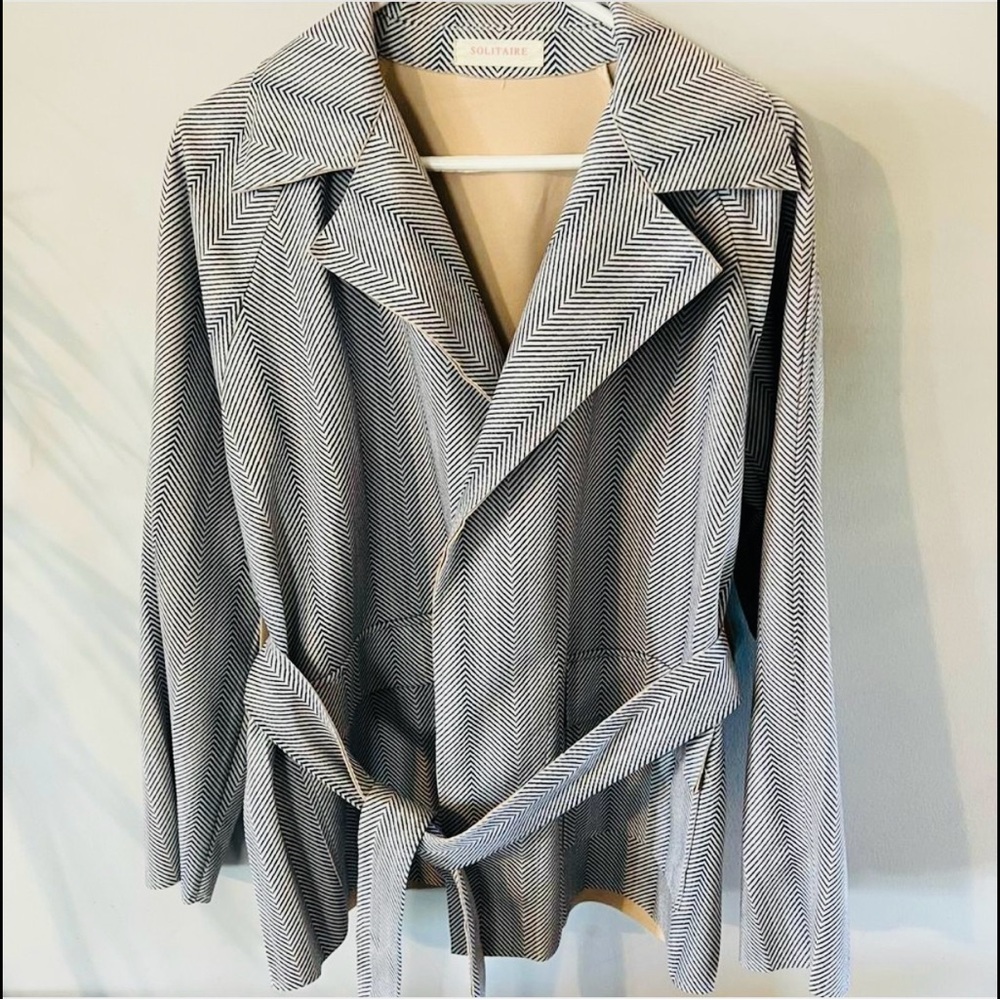 Vintage Solitare Women’s Smart Herringbone Belted Blazer Jacket, L